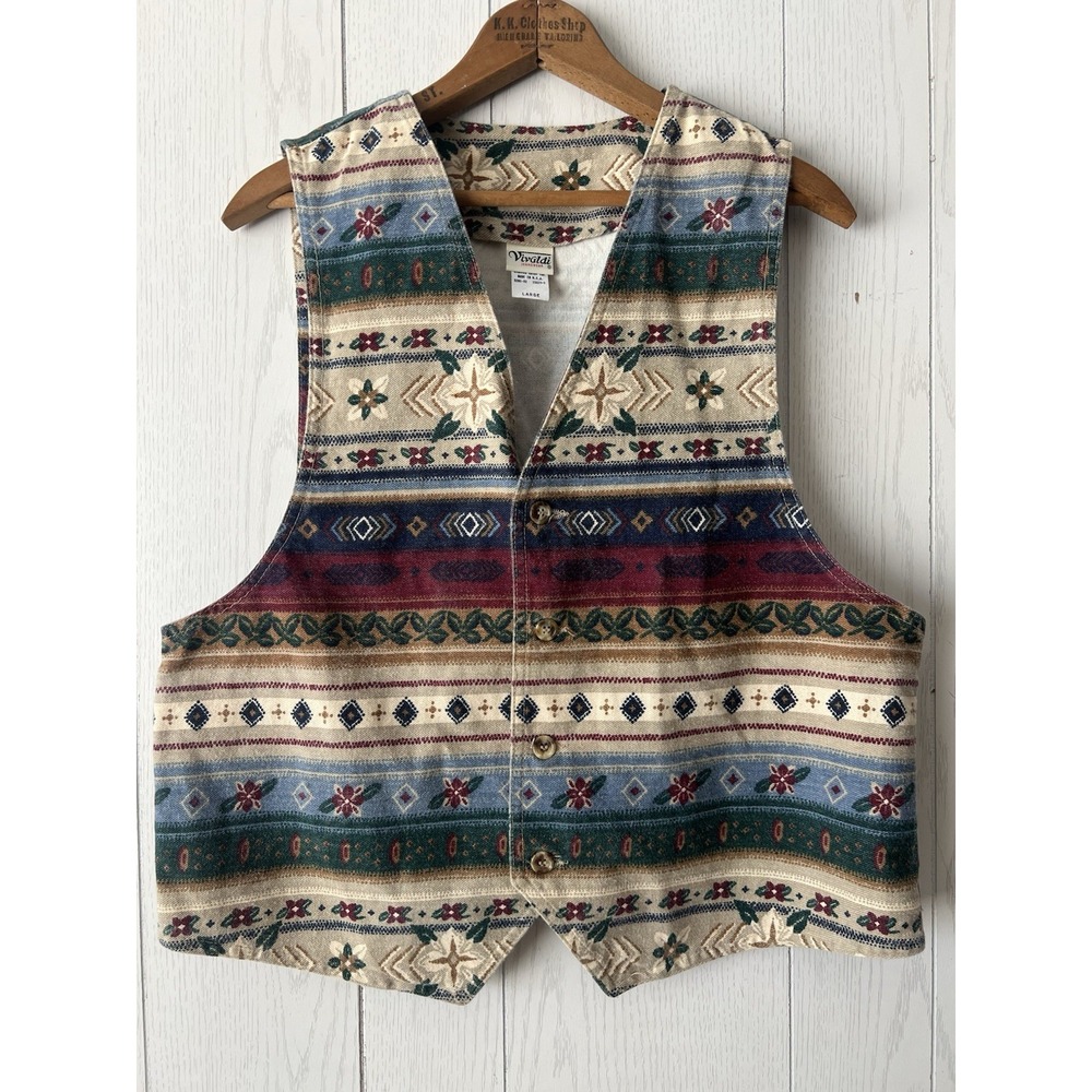 Vintage Vivaldi Jeanswear Southwestern Vest Woman's Large Cotton USA Floral 80s